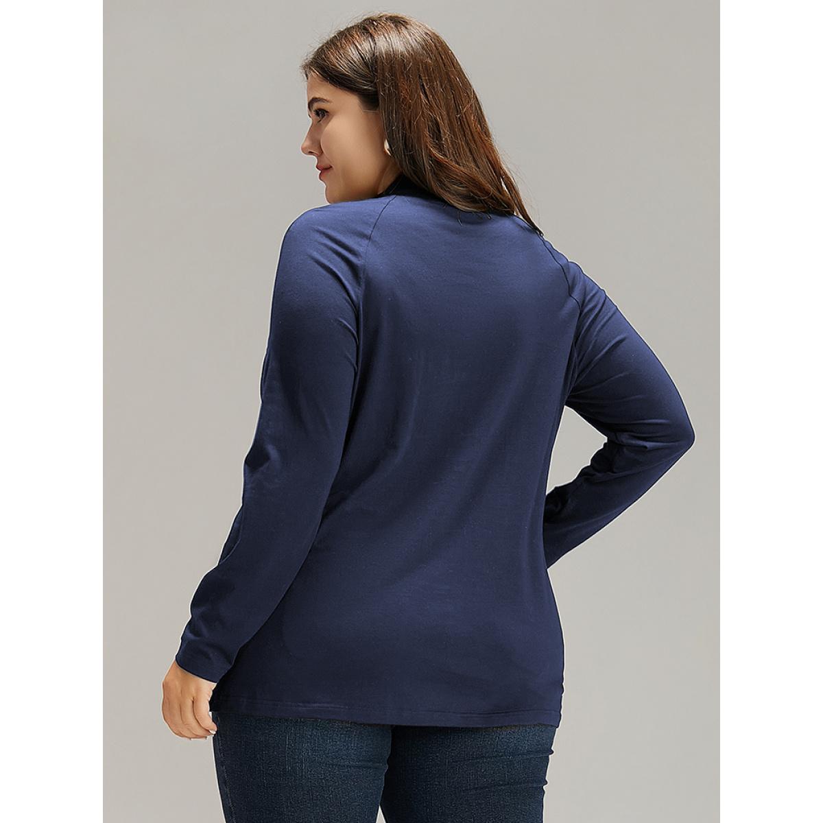 Plus Size Cotton Mock Neck Raglan Sleeve T-shirt Indigo Women Elegant Plain Plain Mock Neck Dailywear T-shirts BloomChic 28/5X Product Image