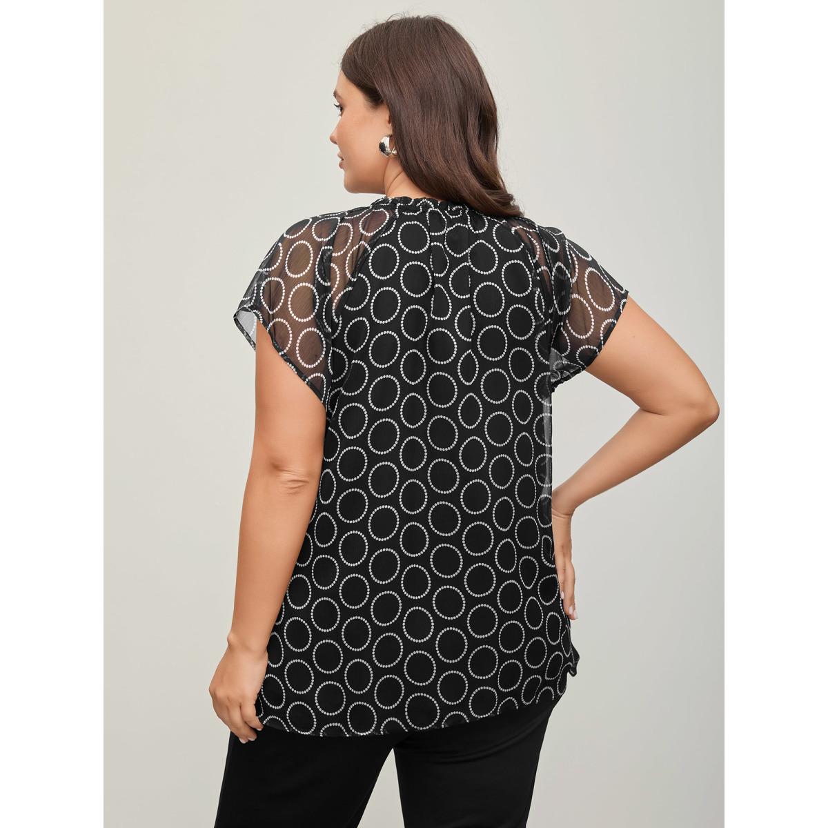 Plus Size Black Polka Dot Mock Neck Mesh Patchwork Blouse Women Workwear Essentials Cap Sleeve Round Neck Work Blouses BloomChic 10/M Product Image