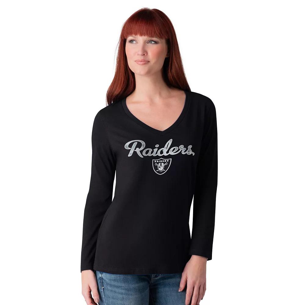 Women's G-III 4Her by Carl Banks Black Las Vegas Raiders Post Season Long Sleeve V-Neck T-Shirt,  Product Image