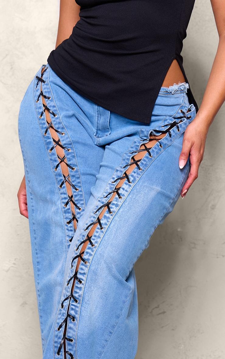Shape Light Blue Denim Lace Up Front Raw Waist Wide Leg Jeans Product Image