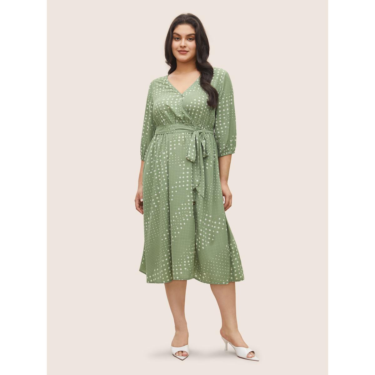 Plus Size Polka Dot Overlap Collar Belted Lantern Sleeve Dress Mint Women Elegant Non Overlap Collar Elbow-length sleeve Curvy Midi Dress BloomChic 18-20/2X Product Image