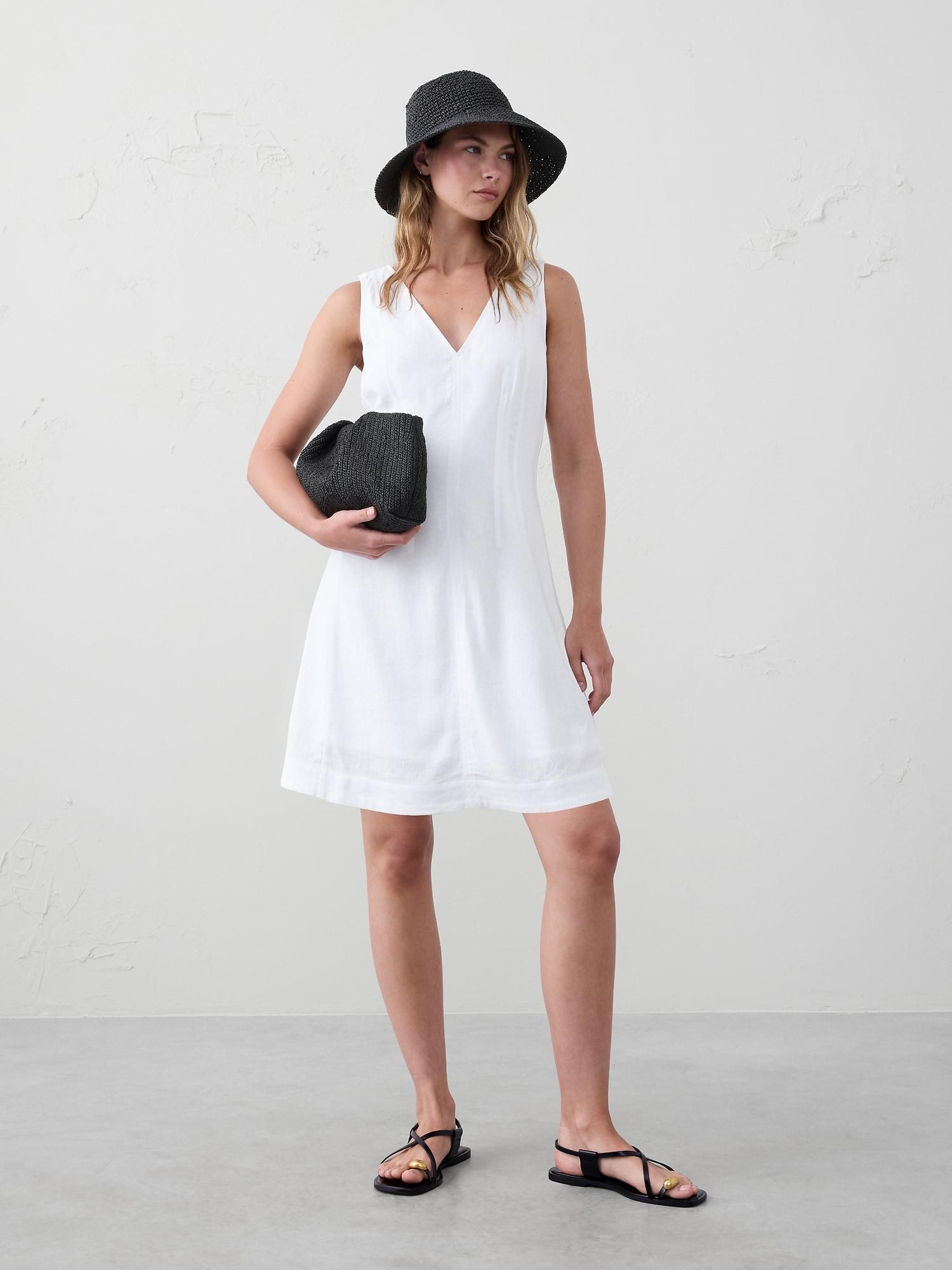 Linen-Blend Seamed Bodice Mini Dress Product Image
