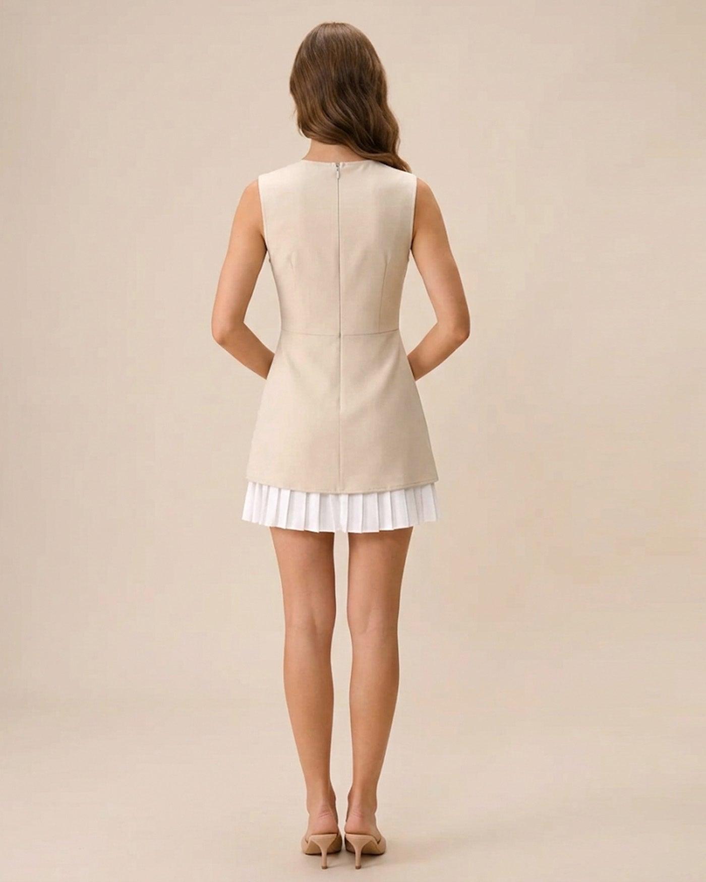 Women's Apricot Splicing Pleated Mini Dress Female Product Image