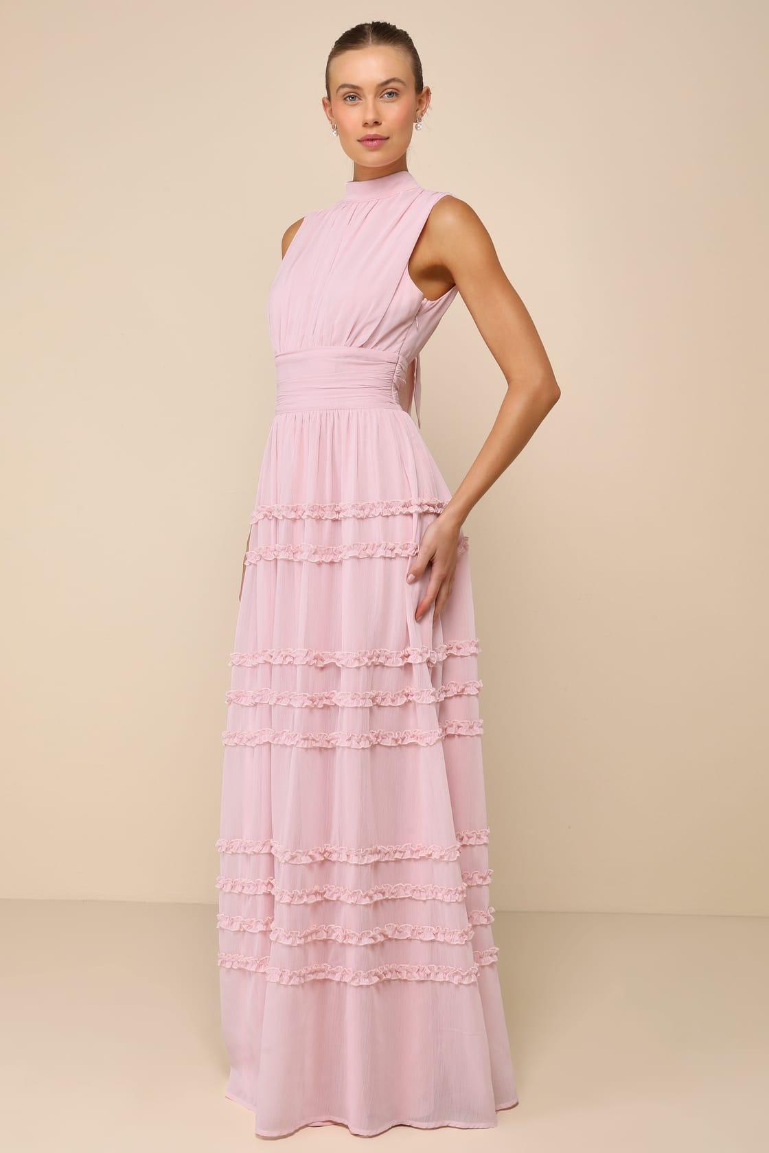Enchantingly Sweet Blush Pink Chiffon Backless Maxi Dress Product Image