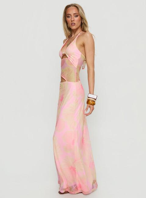 Dyanna Halter Mesh Maxi Dress Pink Floral Product Image