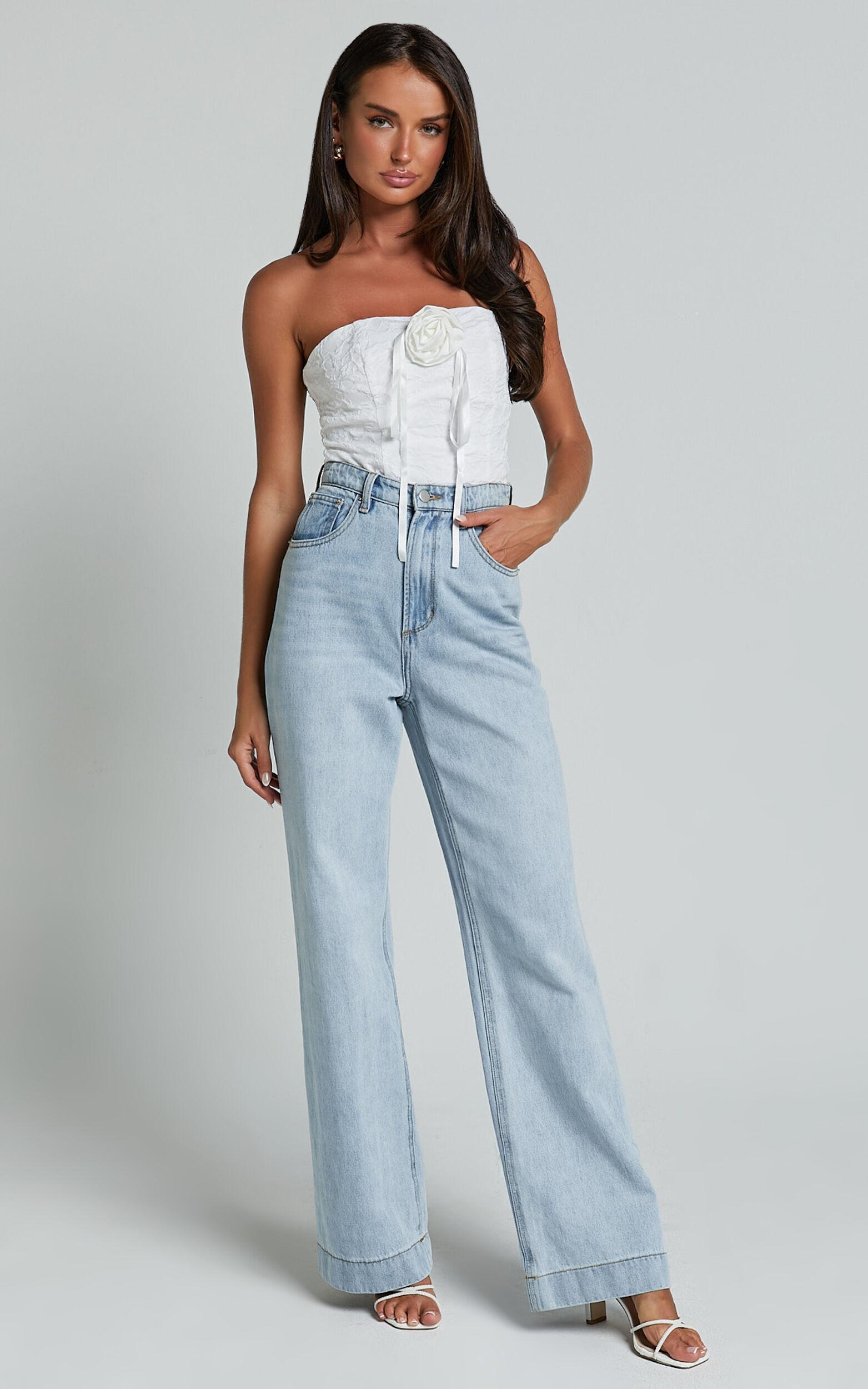 Brooke Top - Strapless Jacquard Detachable Rosette Top in White Product Image