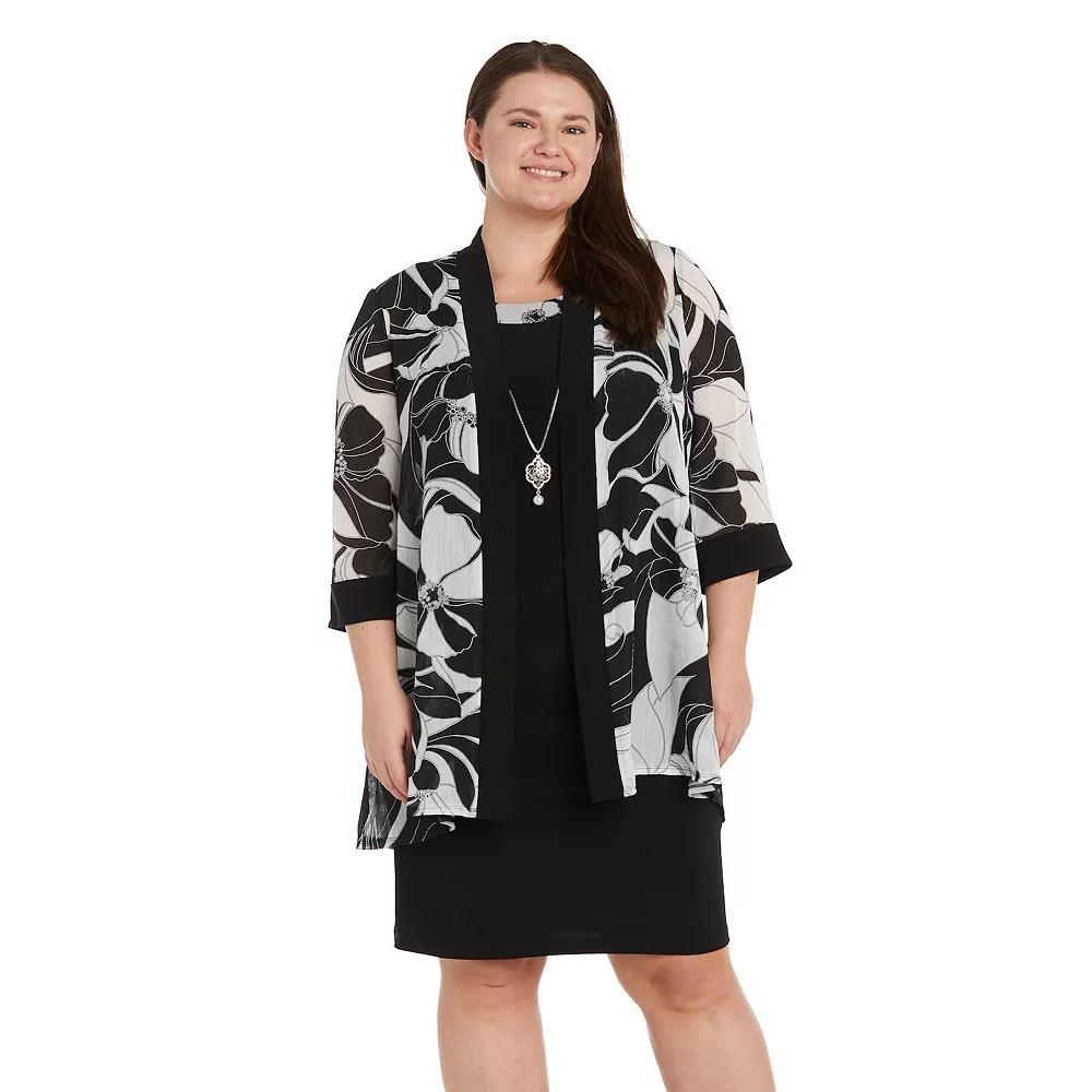 Plus Size R&M Richards 3-Piece Printed Chiffon Duster & Jersey Dress with Detachable Necklace, Women's, Size: 20 W, Black White Product Image