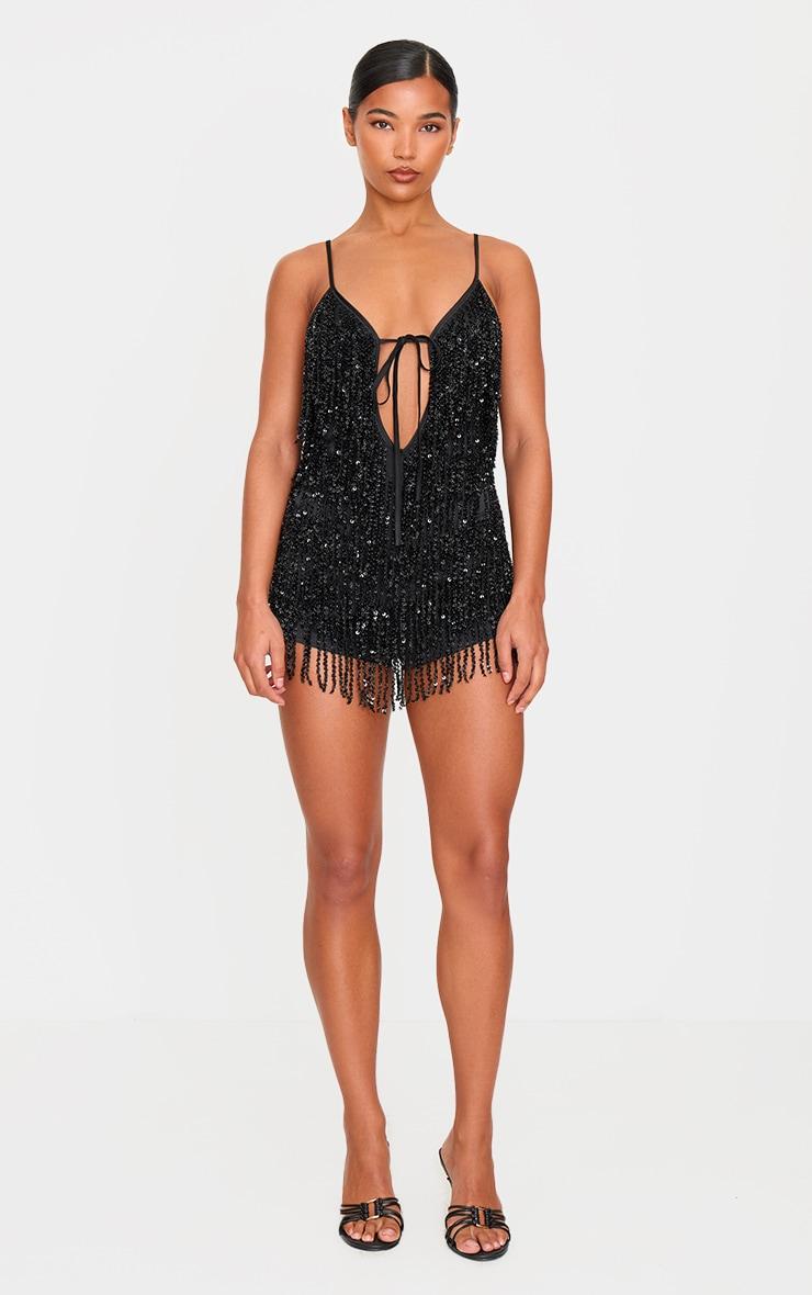 Black Premium Full Embellished Plunge Strappy Romper Product Image