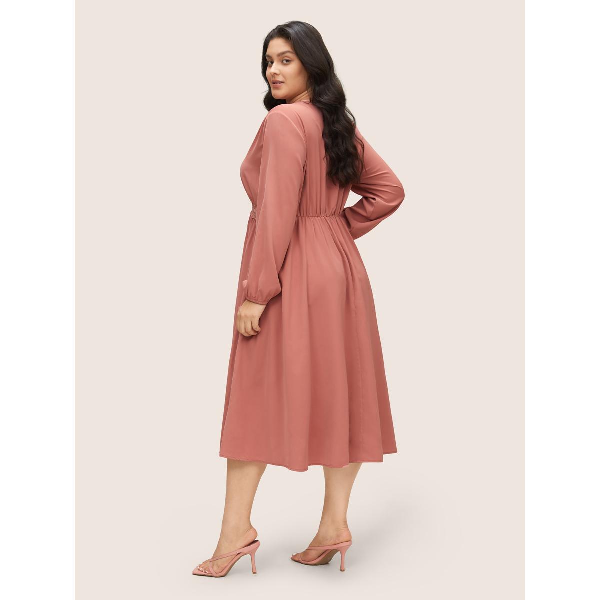 Plus Size Lace Insert Pocket Bowknot Hollow Out Dress DustyPink Women Elegant Elastic cuffs V-neck Long Sleeve Curvy Midi Dress BloomChic 18-20/2X Product Image