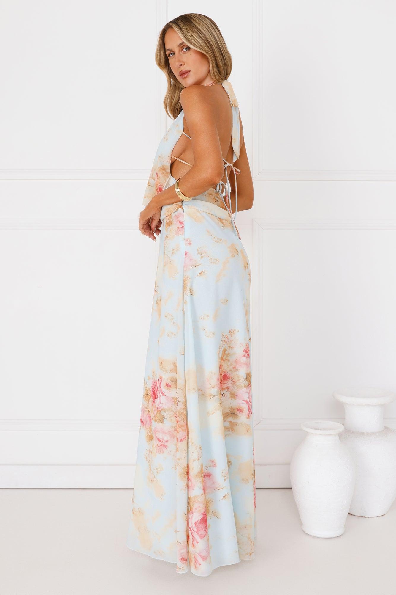 Dreamy Petals Halter Maxi Dress Blue Product Image