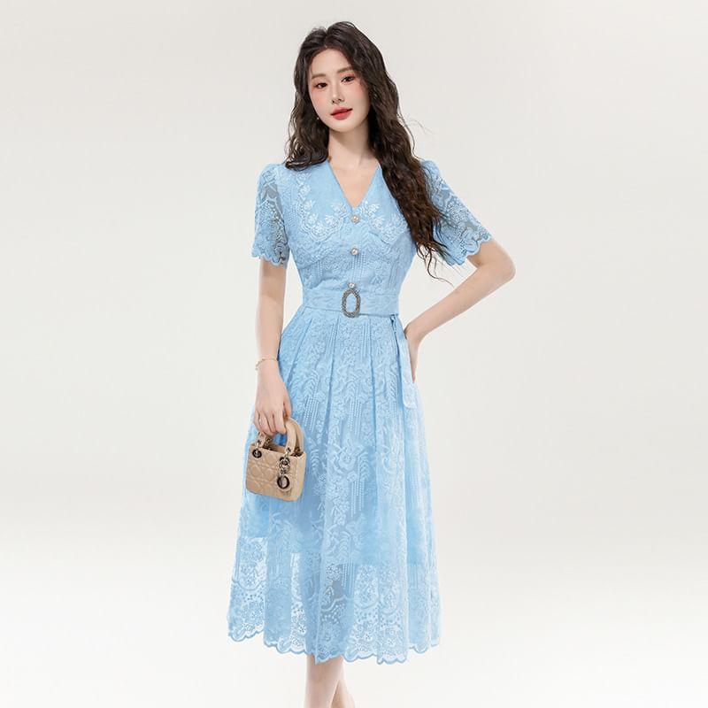 Short Sleeve V-Neck Plain Embroidered Belted Button Midi A-Line Dress Product Image