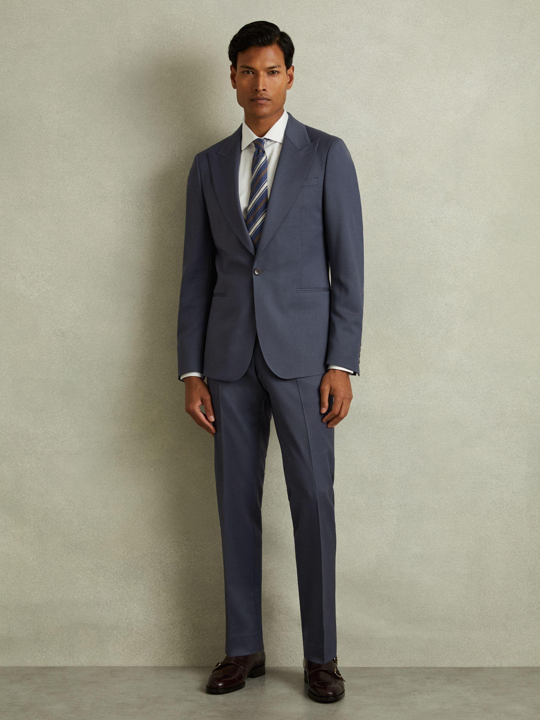 Bartley Airforce Blue Textured Wool Slim Fit Trousers Product Image