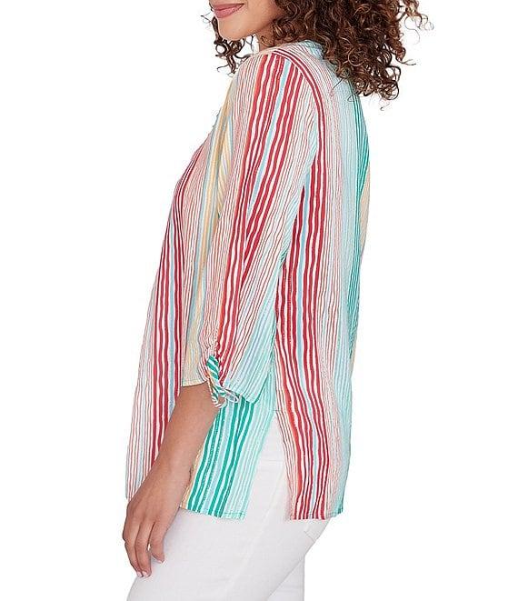 Ruby Rd. Woven Metallic Wavy Stripe Embroidered Split V-Neck 3/4 Sleeve Top Product Image