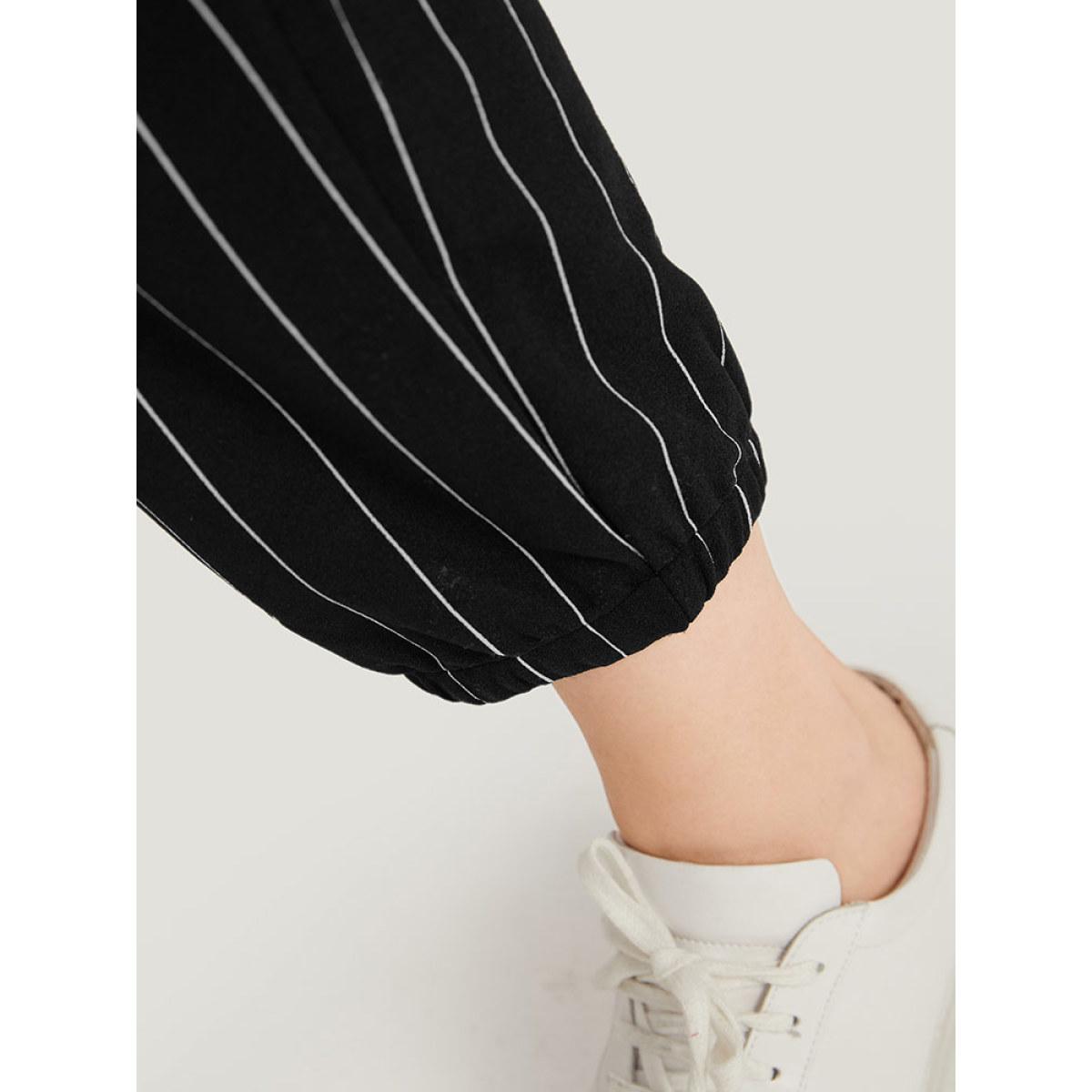 Plus Size Striped Elastic Waist Pocket Drawstring Sweatpants Women Black Casual High Rise Dailywear Pants BloomChic 28/5X Product Image