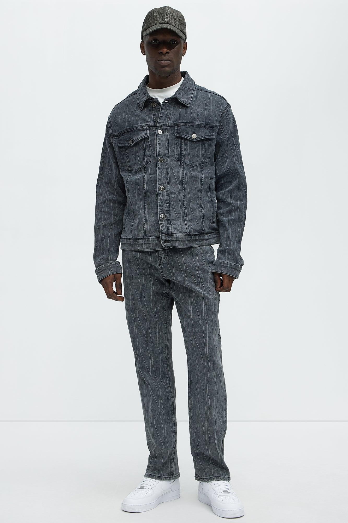 Wavy Jacquard Trucker Denim Jacket - Grey Product Image