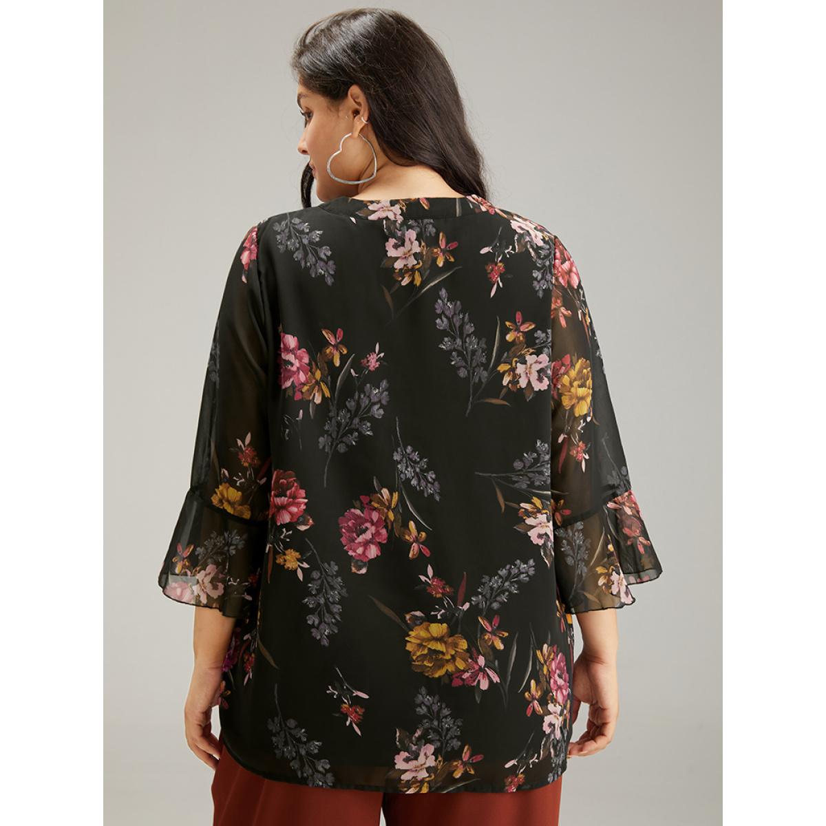 Plus Size Black Floral Mesh Ruffle Sleeve Blouse Women Elegant Long Sleeve V-neck Dailywear Blouses BloomChic 14-16/1X Product Image