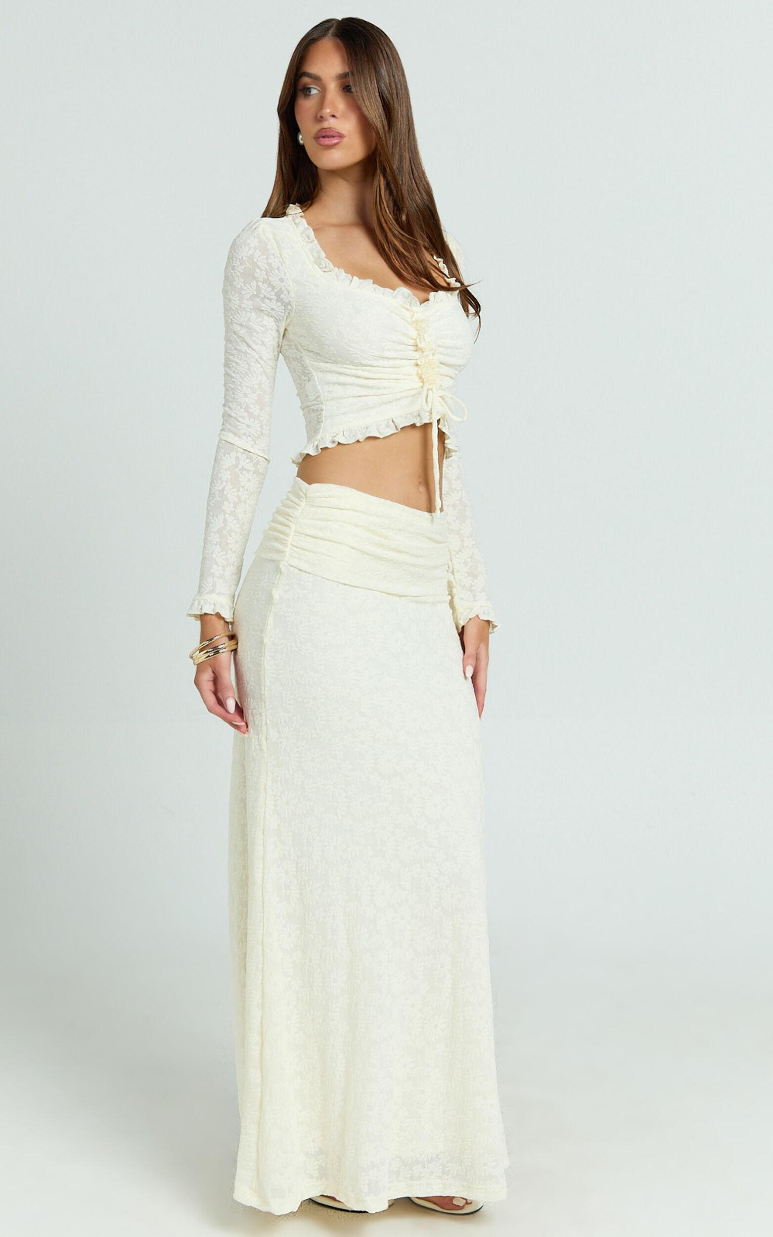Gelyn Two Piece Set - Lace Ruffle Detail Long Sleeve Top and Maxi Skirt Set in Cream Product Image