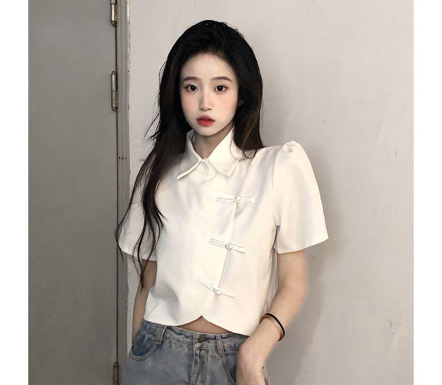 Short-Sleeve Collared Plain Blouse Product Image