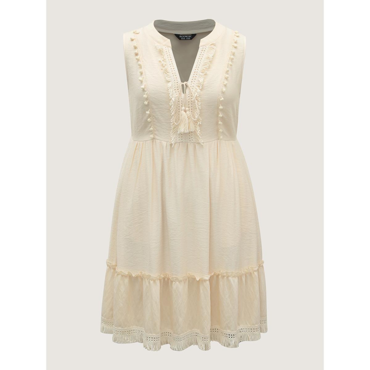 Plus Size Pure Cotton Tassels Lace Midi Dress Apricot Women Boho Woven ribbon&lace trim Flat collar with V-notch Sleeveless Curvy BloomChic 12/L Product Image