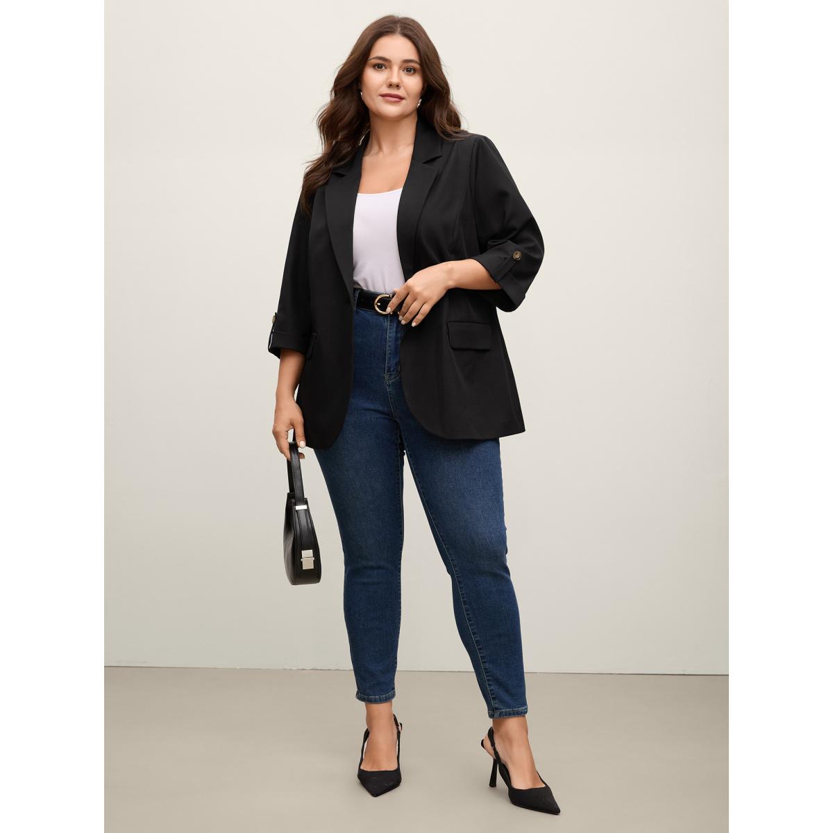 Plus Size Tab Sleeve Pockets Solid Blazer Black Women Office Roll Hem Button cuff sleeve Elbow-length sleeve Suit Collar 28/5X Open pocket with flap Office Blazers BloomChic Product Image