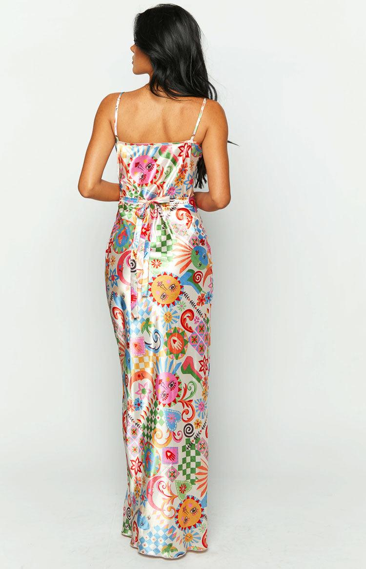 Renesmee Satin Summer Print Maxi Dress Product Image