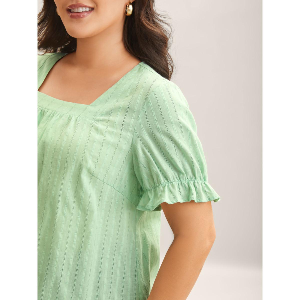 Plus Size LightGreen Cotton Square Neck Ruffled Sleeve Shirt Women Timeless Short sleeve Square Neck Elegant Blouses BloomChic 10/M Product Image