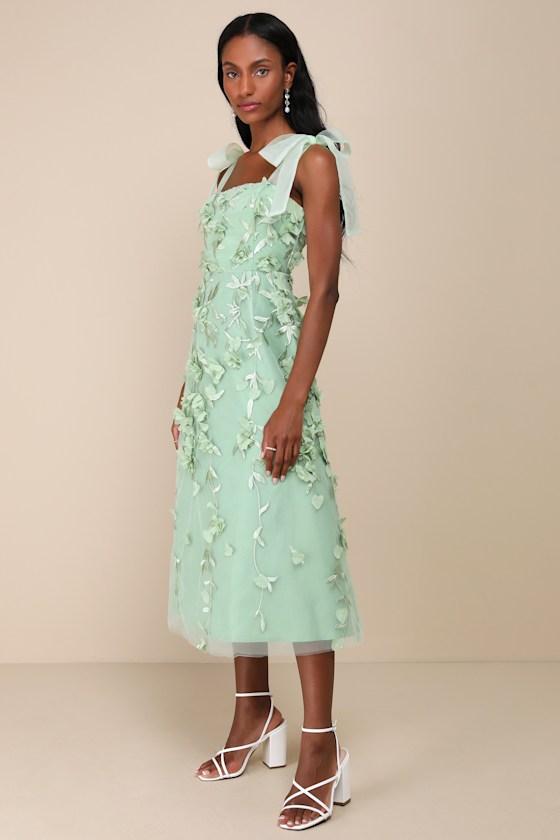 Effortlessly Sweet Sage Tulle 3D Floral Tie-Strap Midi Dress Product Image