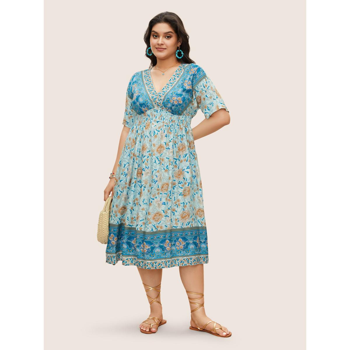 Plus Size Floral Dolman Sleeve Ruffles Shirred Split Hem Dress Turquoise Women Resort Non V-neck Short sleeve Curvy Midi Dress BloomChic 12/L Product Image