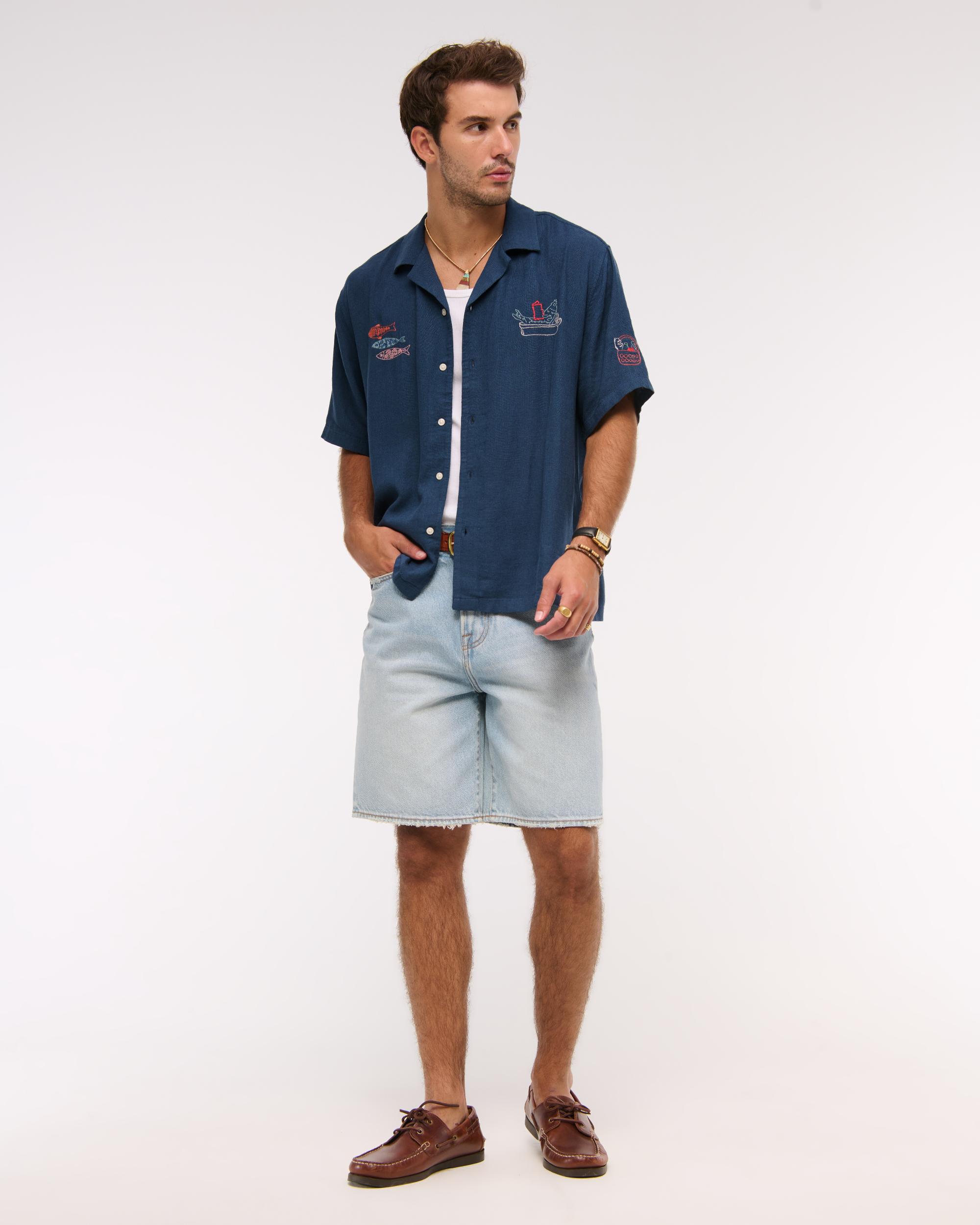 Camp Collar Cropped Summer Linen-Blend Shirt Product Image