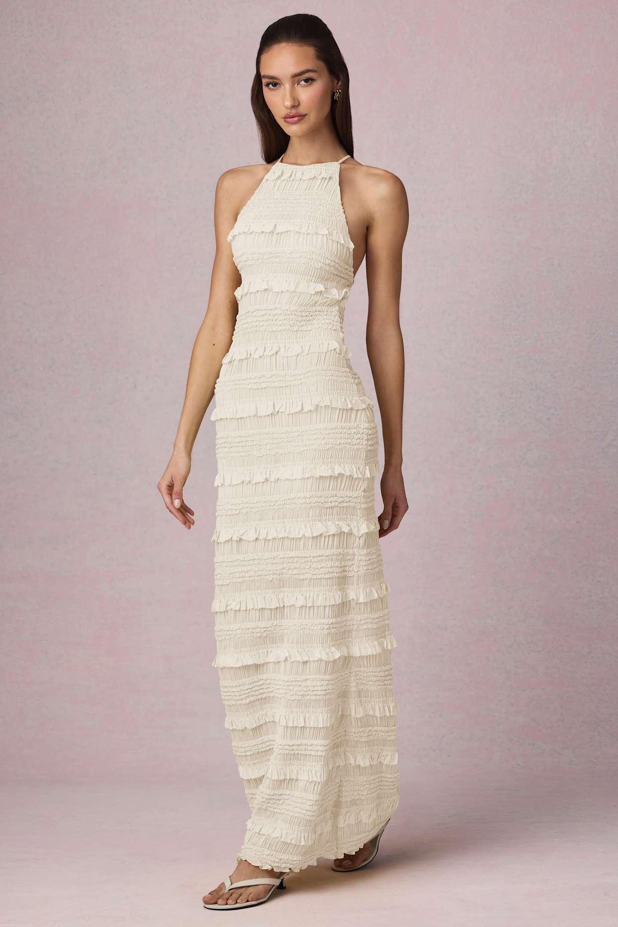 Ruffled Backless Halterneck Maxi Dress in Ivory Product Image