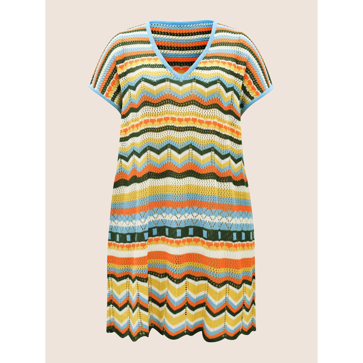 Plus Size V Neck Contrast Striped Batwing Sleeve Swim Cover Up Women's Swimwear Multicolor Beach Loose Texture Curve Swim Cover Ups BloomChic 22-24/3X Product Image
