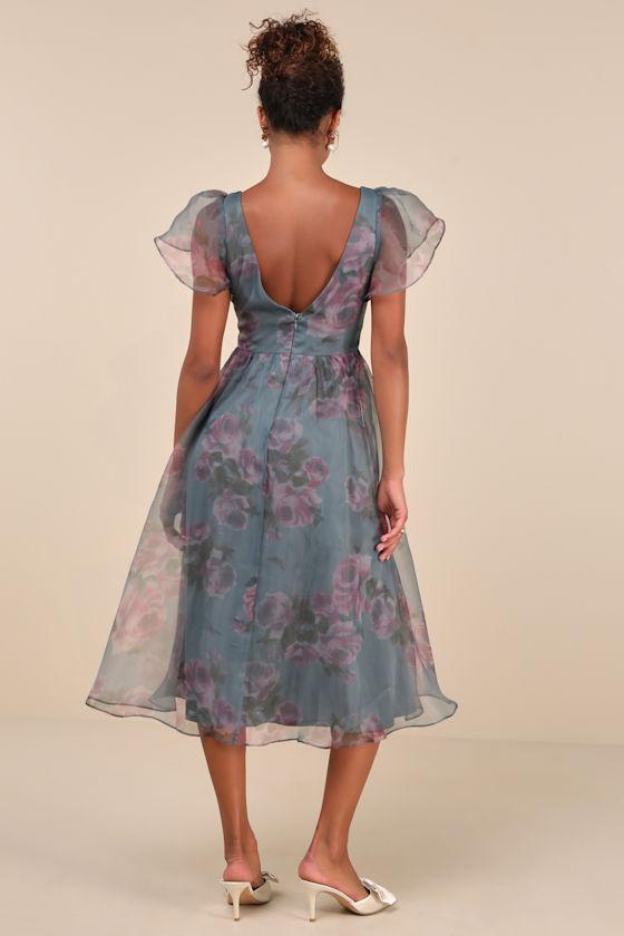 Mesmerizing Mood Slate Floral Organza Ruffled A-Line Midi Dress Product Image