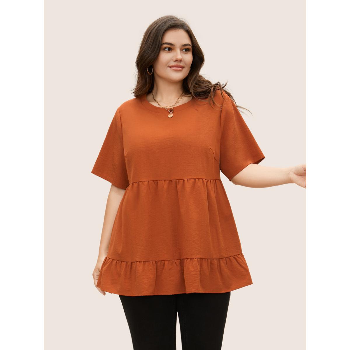 Plus Size Rust Solid Crew Neck Ruffle Hem Blouse Women Casual Short sleeve Round Neck Everyday Blouses BloomChic 12/L Product Image
