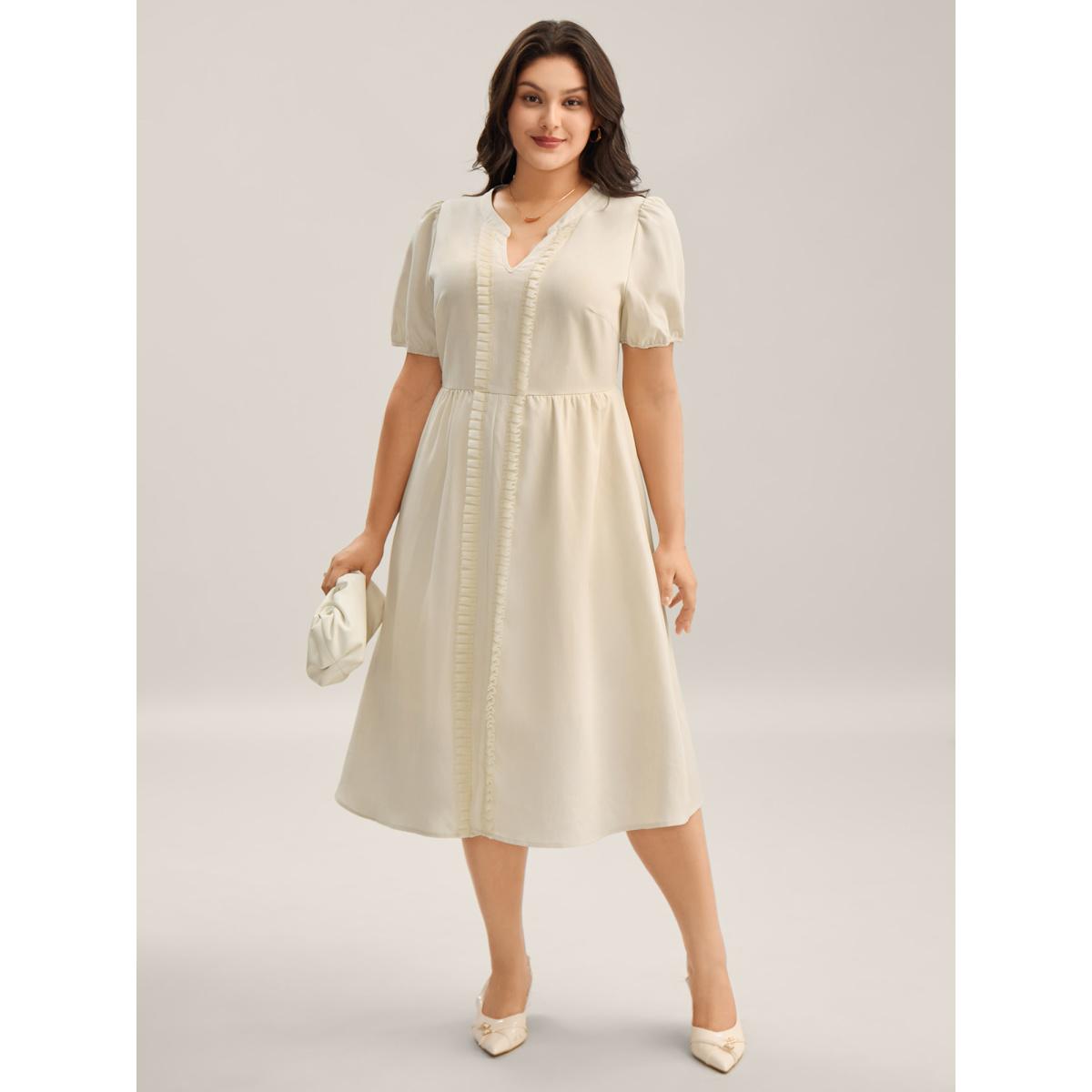 Plus Size Lace Trim Solid Pockets Midi Dress Beige Women Flat collar Short sleeve Curvy BloomChic 14-16/1X Product Image