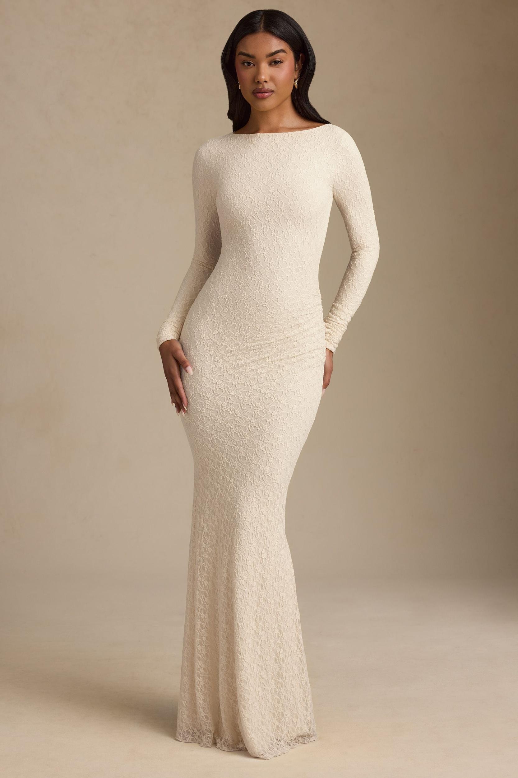 Ruched Backless Lace Maxi Dress in Ivory Product Image