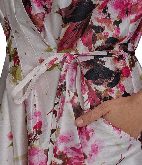 Donna Karan Plus Size Floral Dupioni V-Neck Cap Sleeve Tie Sash Midi Wrap Dress Product Image