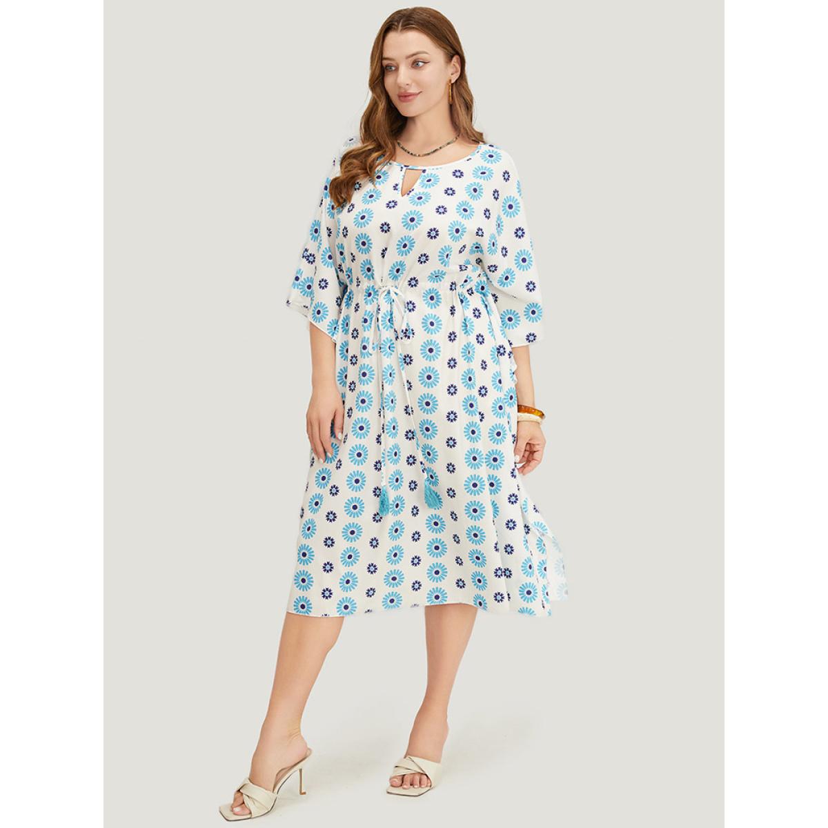 Plus Size Floral Batwing Sleeve Keyhole Knotted Neck Split Dress Cerulean Women Vacation Round Neck Half Sleeve Curvy Midi Dress BloomChic 10/M Product Image