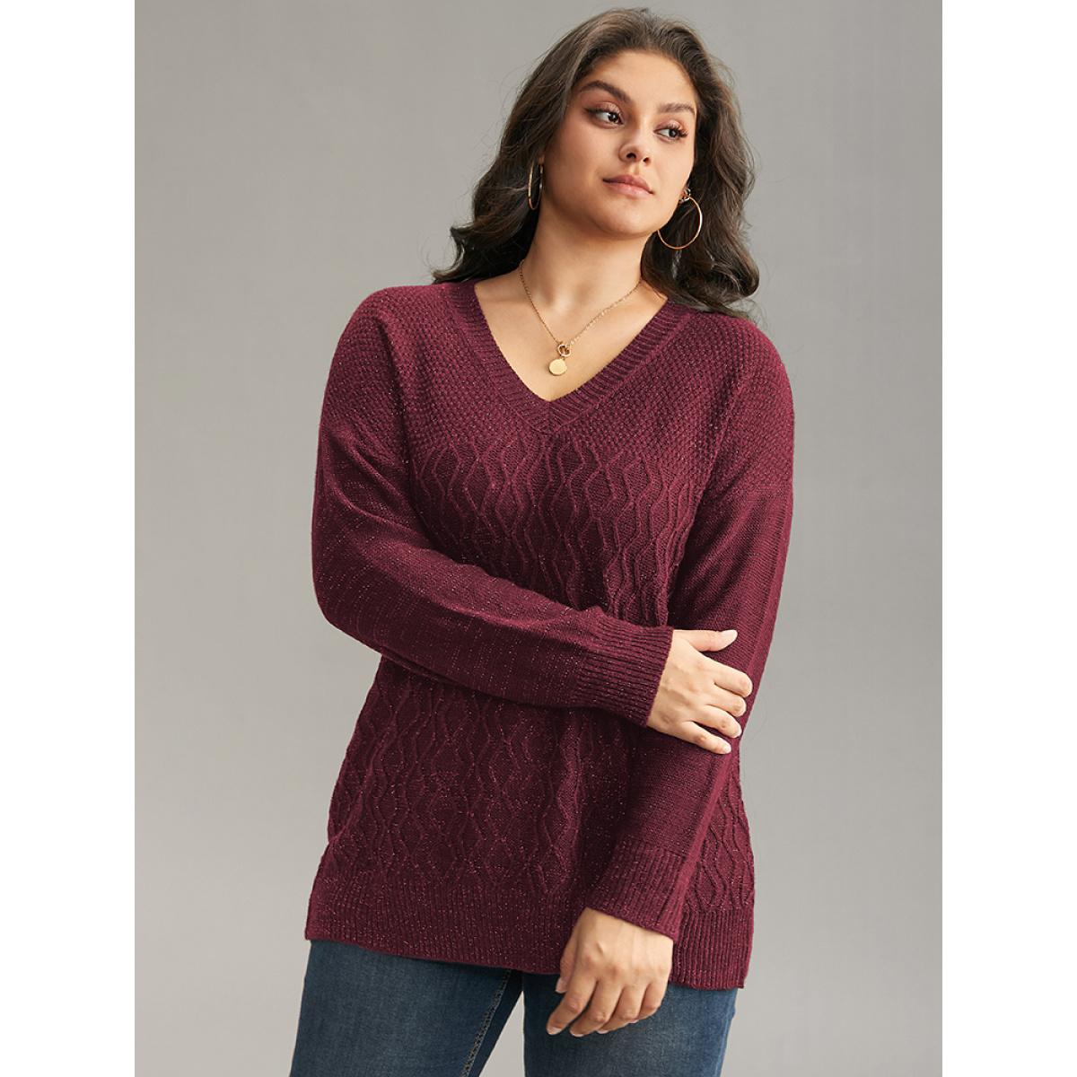 Plus Size Plain Sparkly V Neck Loose Pullover Scarlet Women Casual Long Sleeve V-neck Everyday Pullovers BloomChic 28/5X Product Image