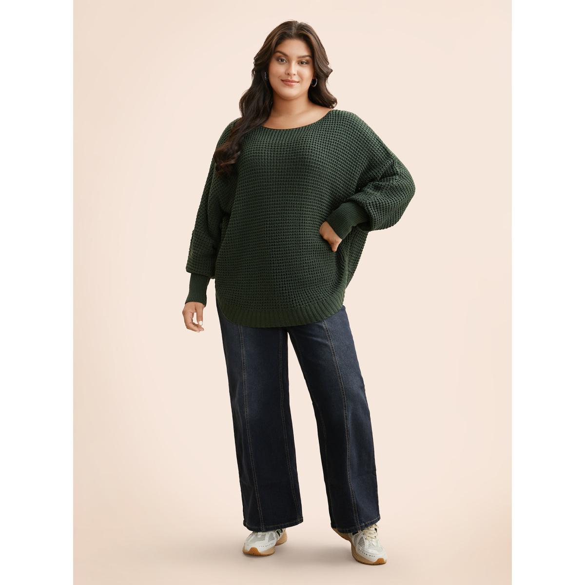 Plus Size Texture Boat Neck Dolman Sleeve Pullover ArmyGreen Women Casual Loose Long Sleeve Boat Neck Everyday Pullovers BloomChic 26/4X Product Image
