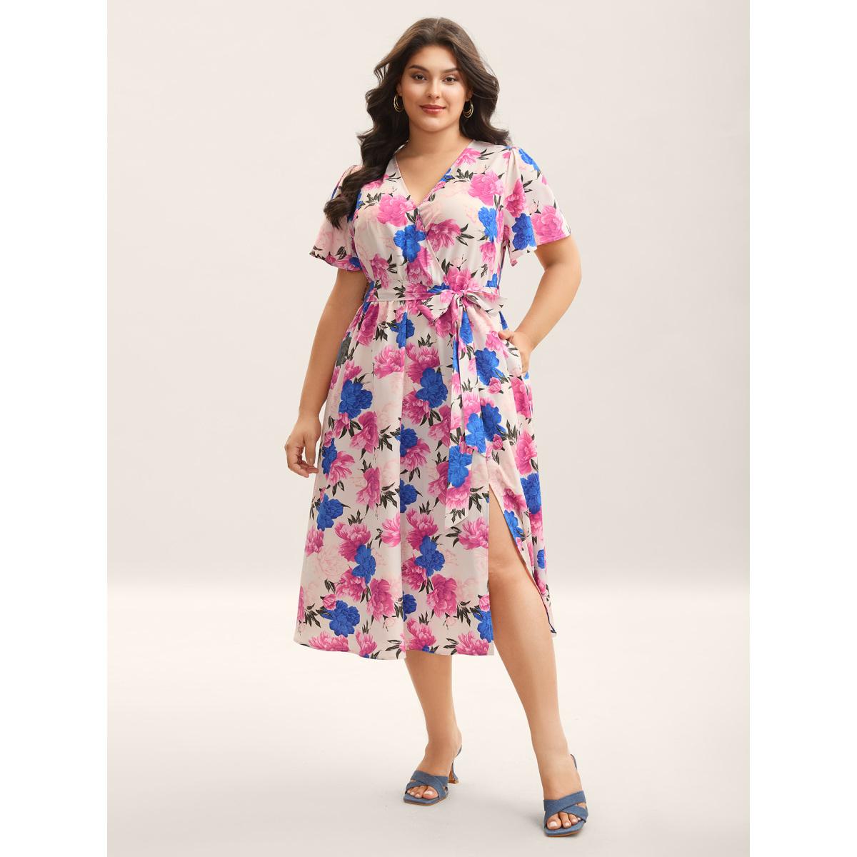 Plus Size Large Floral Print Belted Pocket Midi Dress Nudepink Women Overlap Collar Short sleeve Curvy BloomChic 18-20/2X Product Image