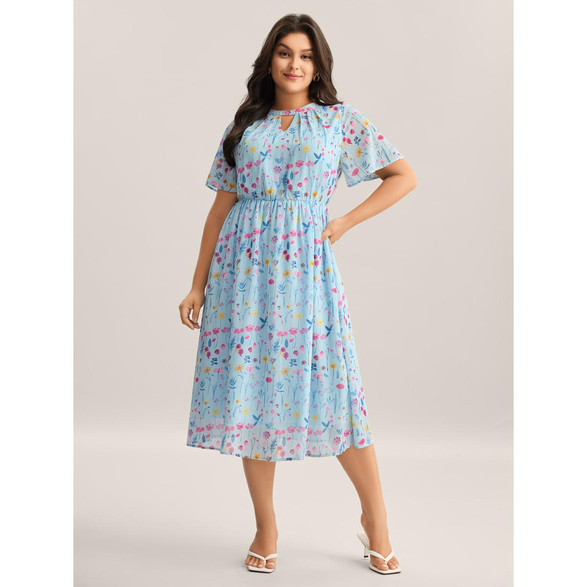 Plus Size Garden Print Stretchy Sheer Midi Dress LightBlue Women Round Neck Short sleeve Curvy BloomChic 10/M Product Image