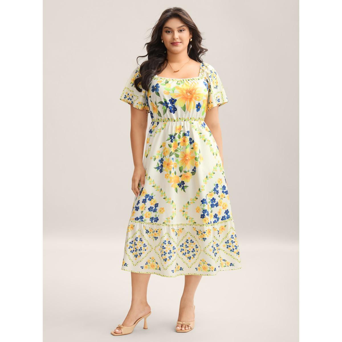 Plus Size Floral Fun Print Stretchy Waist Midi Dress Ivory Women Square Neck Short sleeve Curvy BloomChic 22-24/3X Product Image