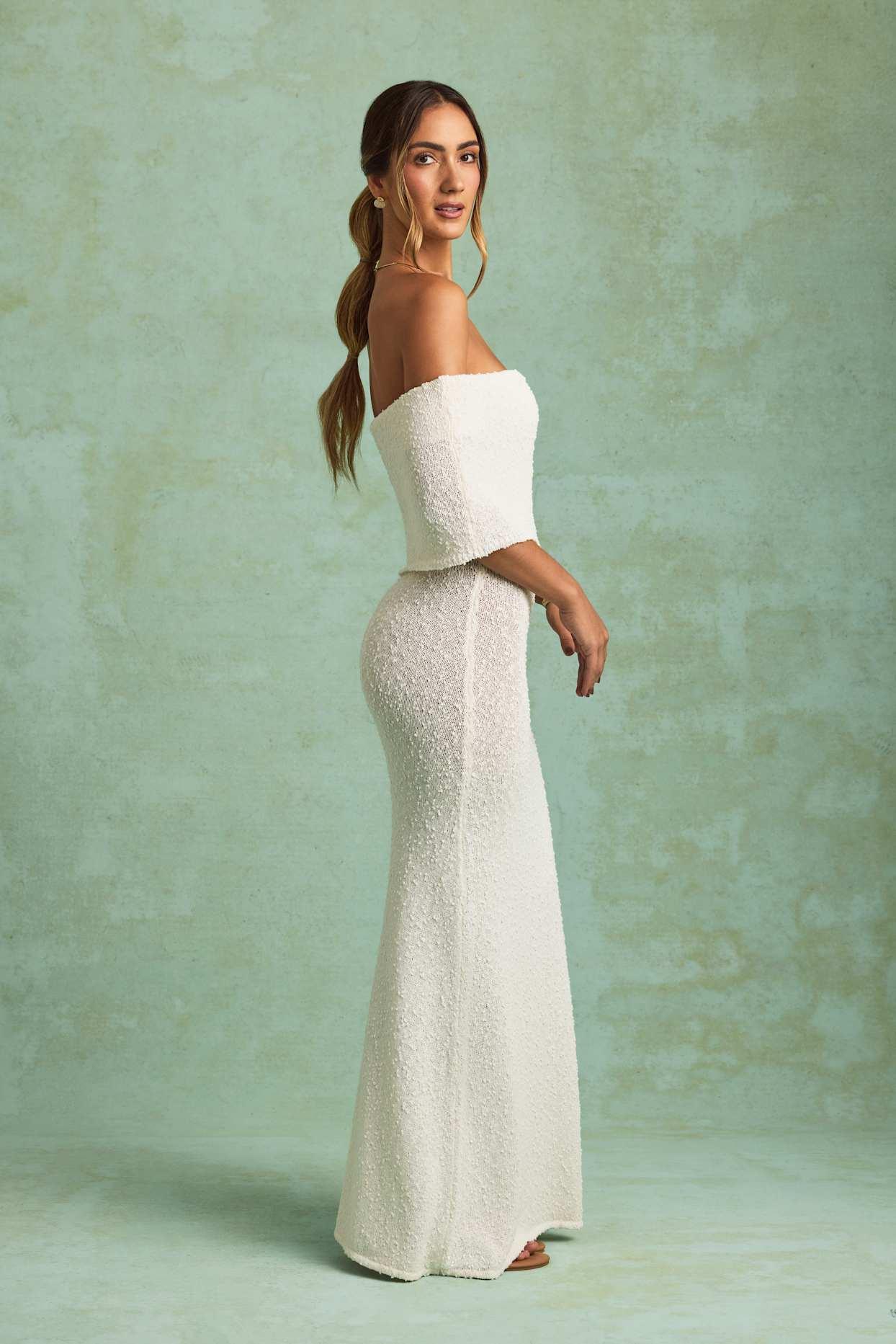 Bouclé Off-Shoulder Maxi Dress in White Girls Product Image