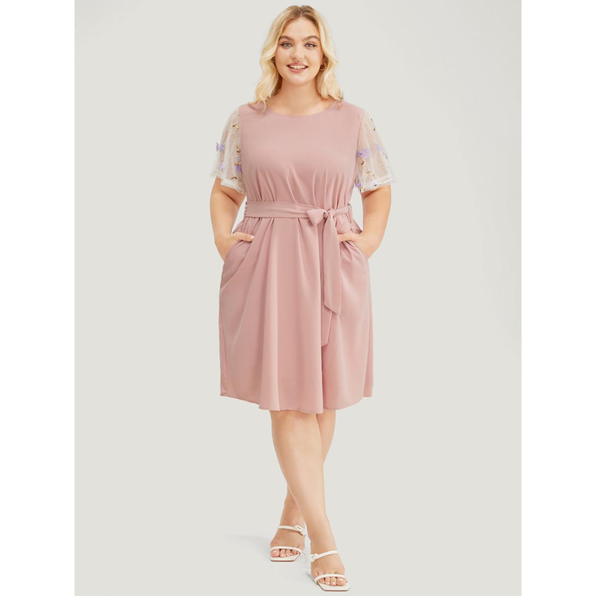 Plus Size Floral Mesh Sleeve Flutter Pocket Belt Knee Dress MistyRose Women Elegant Belted Round Neck Short sleeve Curvy Knee Dress BloomChic 22-24/3X Product Image
