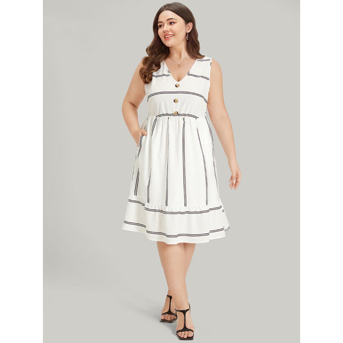 Plus Size Striped Pocket Button Detail Ruffle Elastic Waist Dress White Women Elegant Texture V-neck Sleeveless Curvy Knee Dress BloomChic 12/L Product Image
