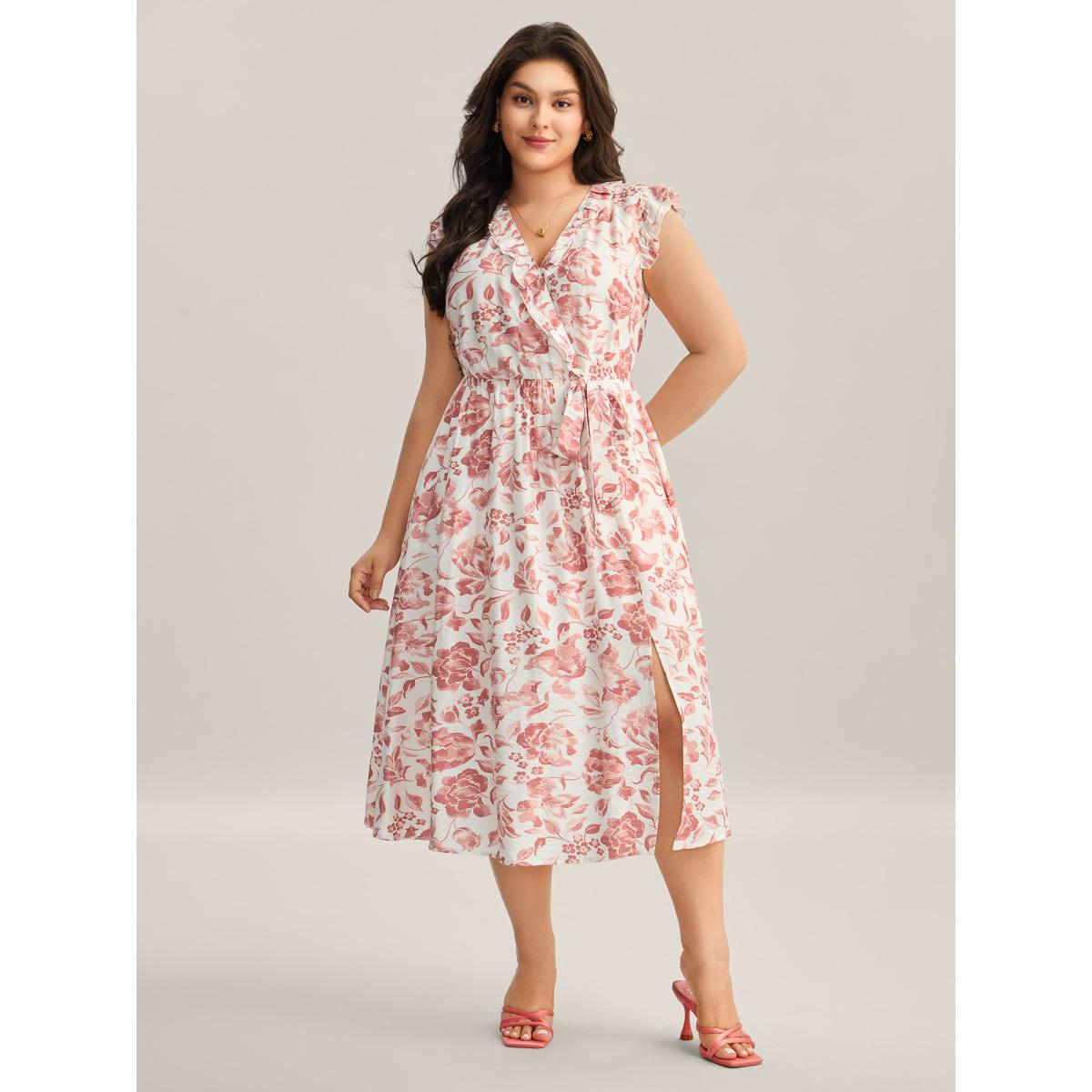 Plus Size Monochrome Floral Print Ruffled Midi Dress Rouge Women Overlap Collar Sleeveless Curvy BloomChic 28/5X Product Image