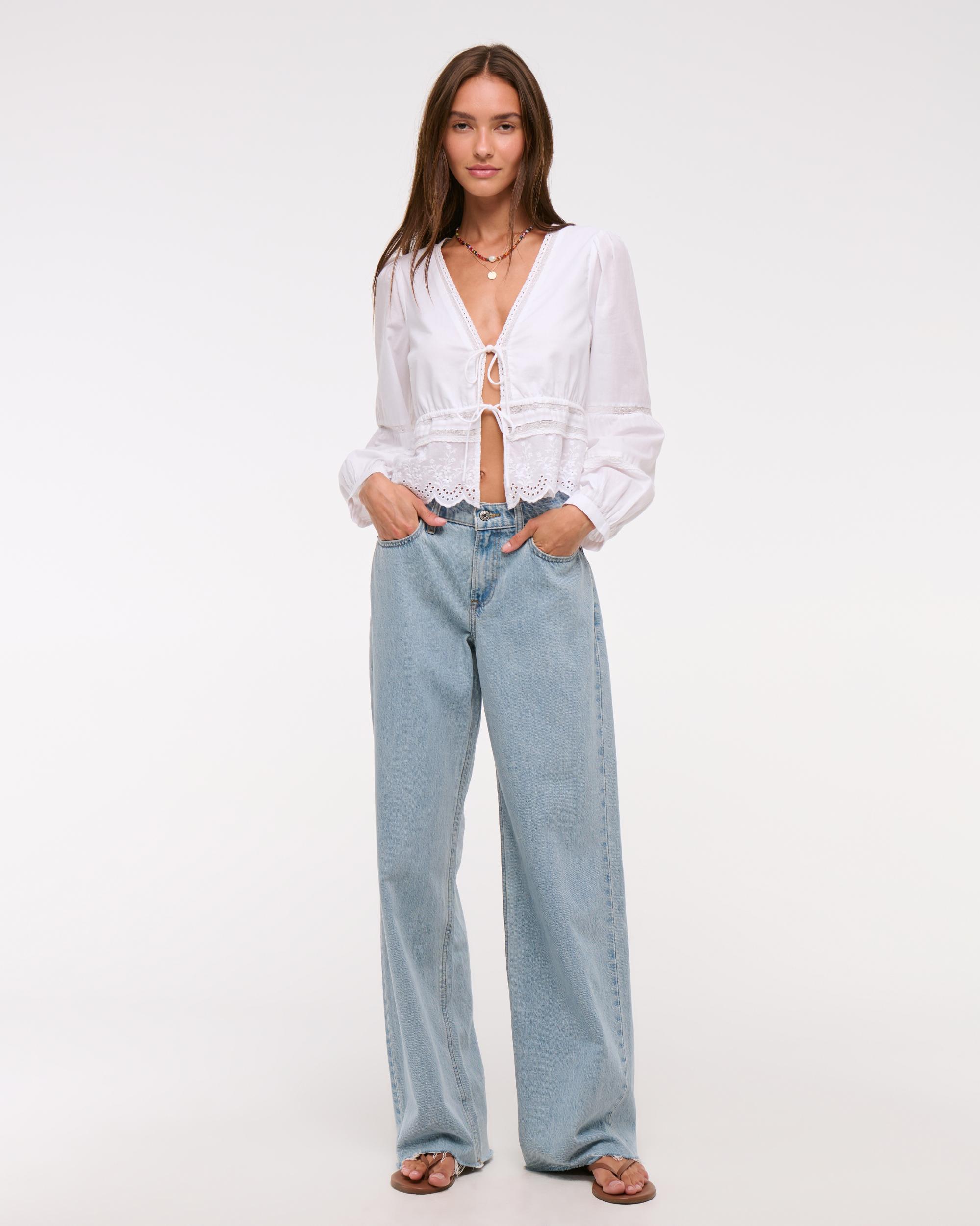 Long-Sleeve Lace Tie-Front Top Product Image