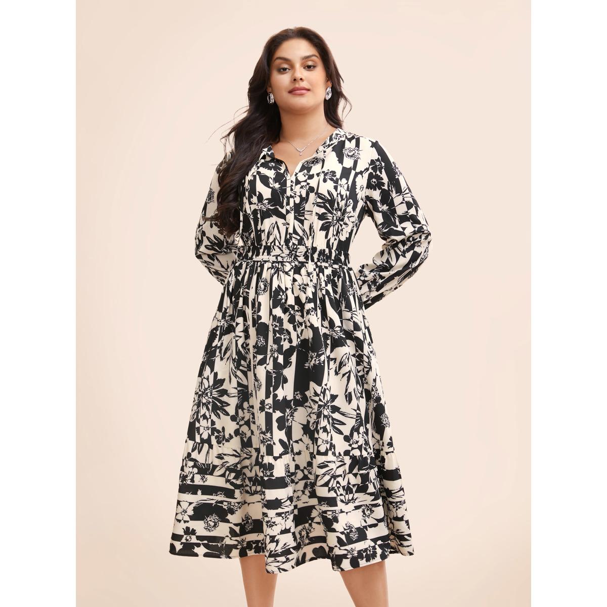Plus Size Silhouette Floral Print Tie Knot Gathered Dress WhiteSmoke Women Elegant Tie knot V-neck Long Sleeve Curvy BloomChic 10/M Product Image