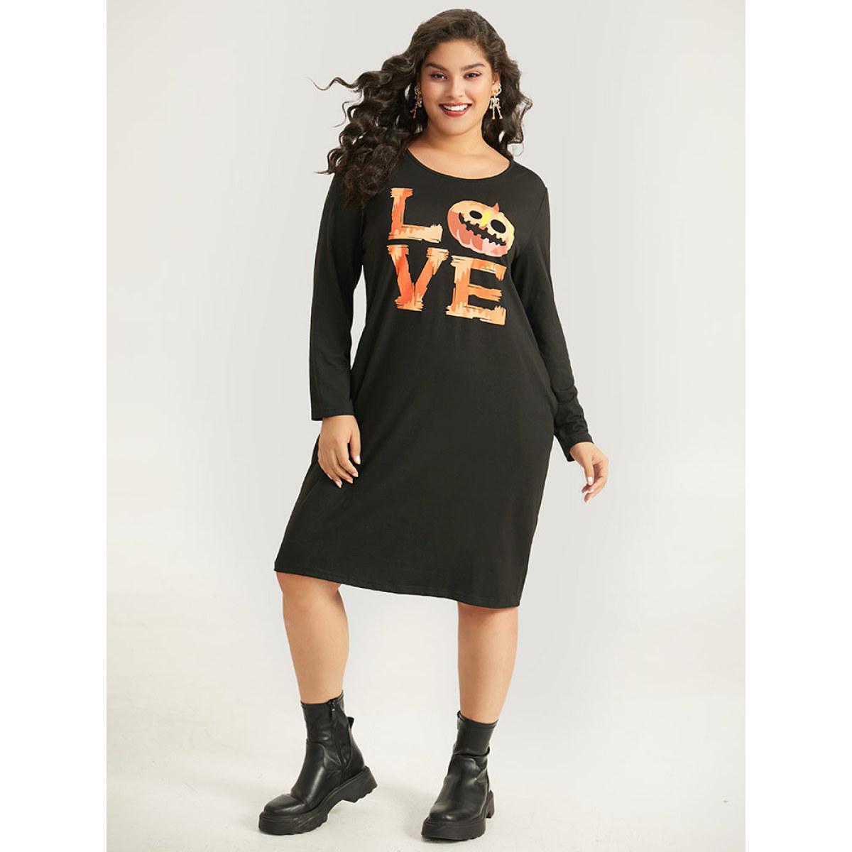 Plus Size Halloween Pumpkin & Letter Print Pocket Lace Panel Dress Black Women Casual Printed Curvy Midi Dress BloomChic 18-20/2X Product Image