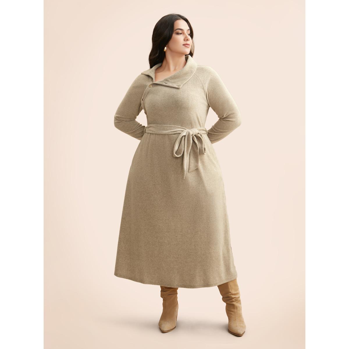 Plus Size Airy Cozy Button Bodice Placket Midi Dress LightBrown Women Casual Belted Knit Dresses Bloomchic 30/6X Product Image
